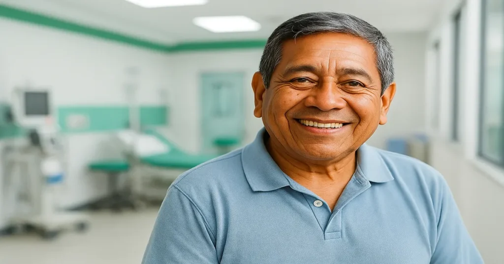 Varón de 70 años sonriente en clínica en Lima, tras enucleación láser de próstata